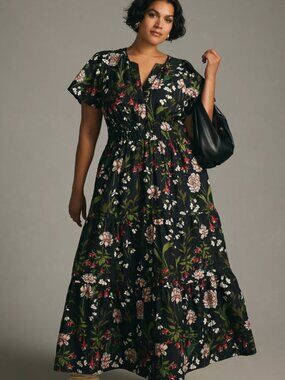 Anthropologie Black Floral Somerset Maxi Dress Size L